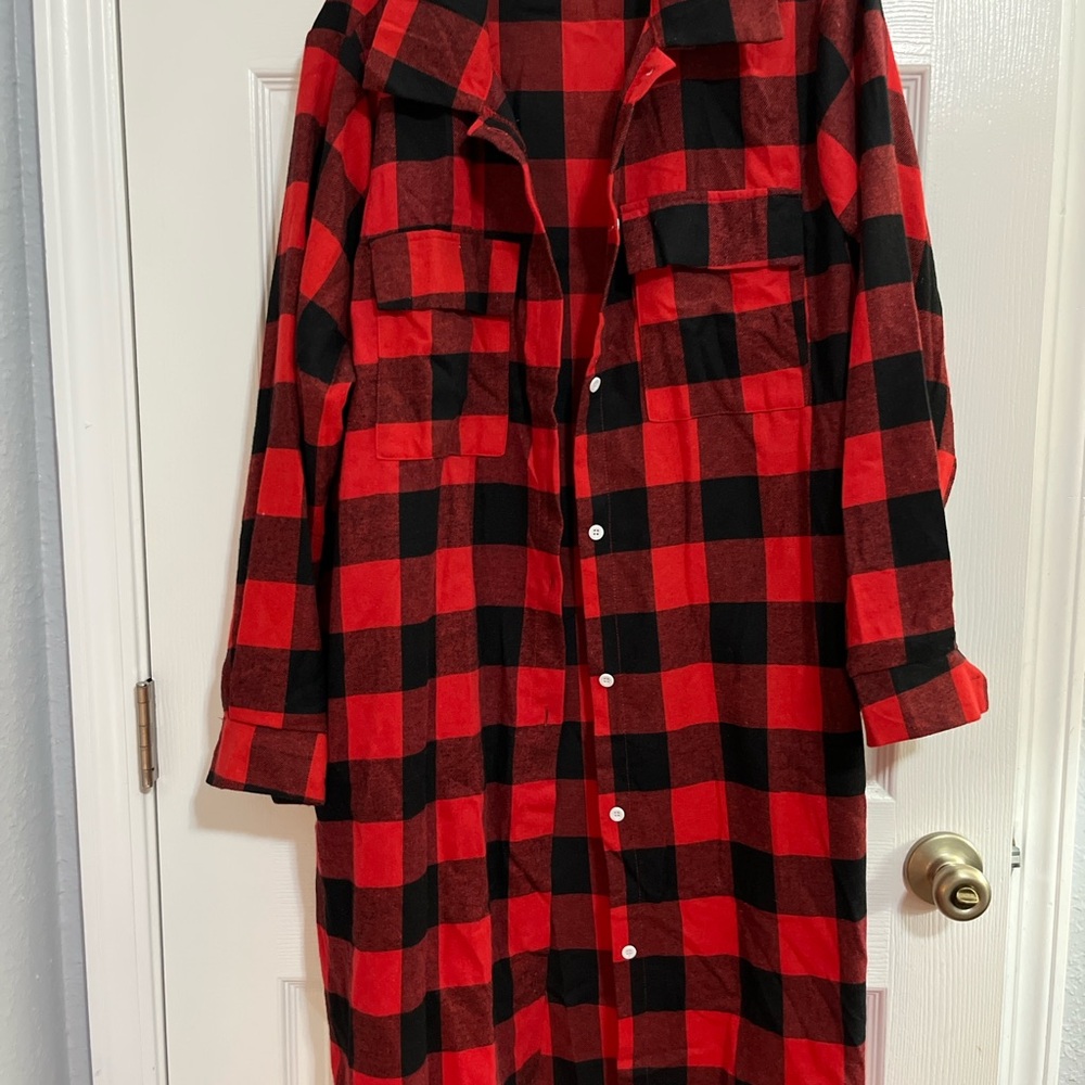 Red and Black Plaid Long Shirt Jacket